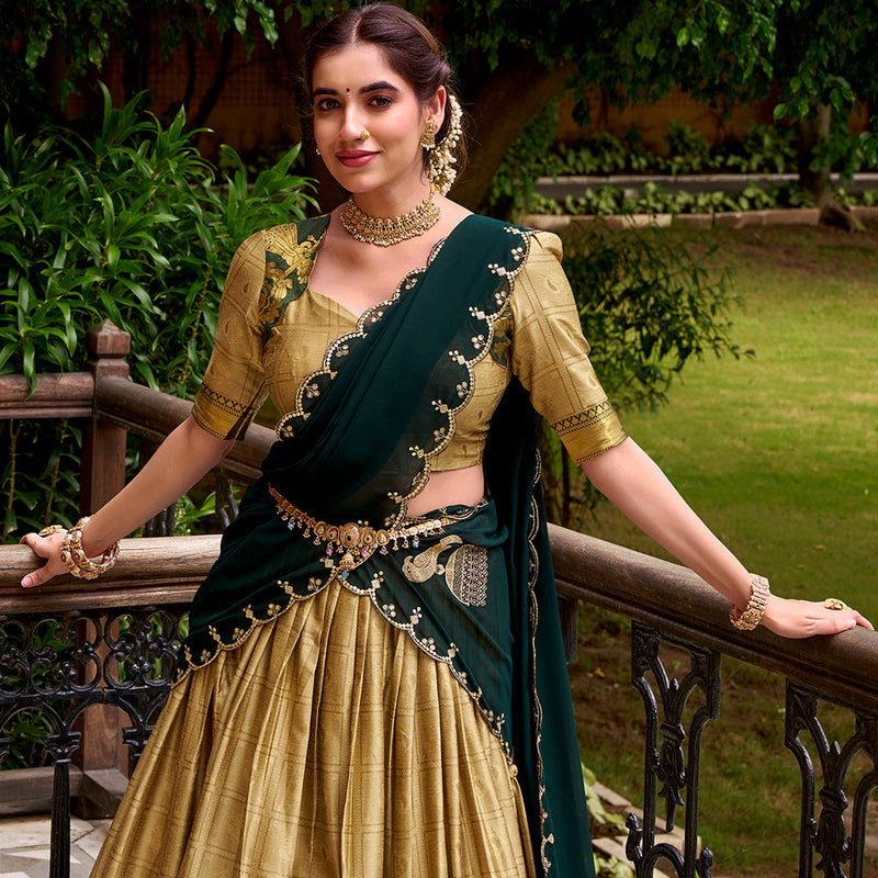 Cream Color Zari Weaving Work Poly Cotton Lehenga Choli