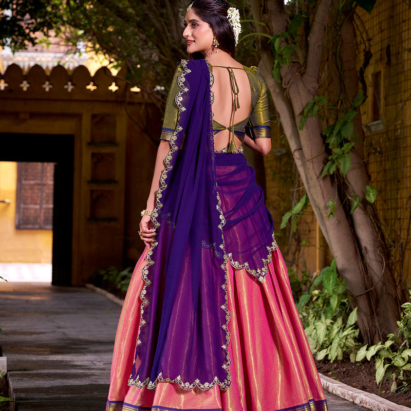 Purple Color Sequince And Thread Embroidery Work Kanchipuram Lehenga Choli