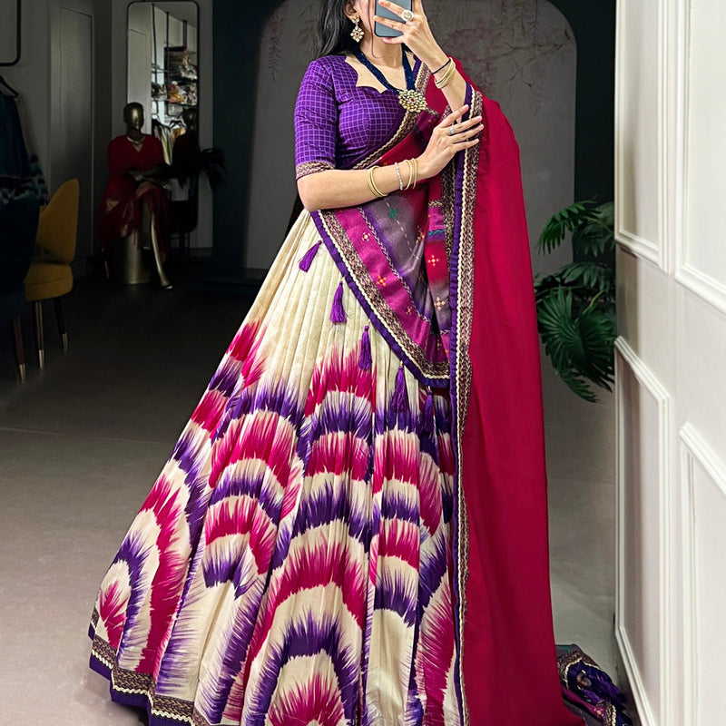 Purple Color Tie And Dye Printed Tasar Silk Lehenga Choli