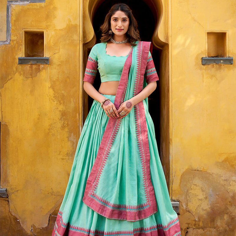 Sky Blue Color Thread Work With Chanderi Lehenga