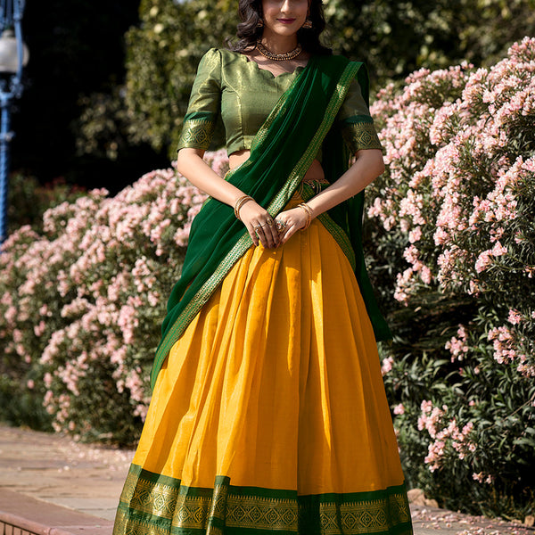 Yellow Color Zari Weaving Work Kanchipuram Haldi Lehenga  Choli