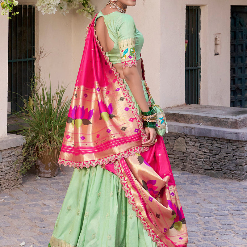 Pista Color Zari Weaving Work Jacquard Silk (Paithani) Lehenga Choli