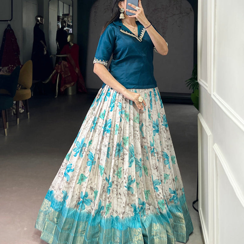 Teal Color Floral Print With Zari Weaving Work Dola Chex Co-Ord Set