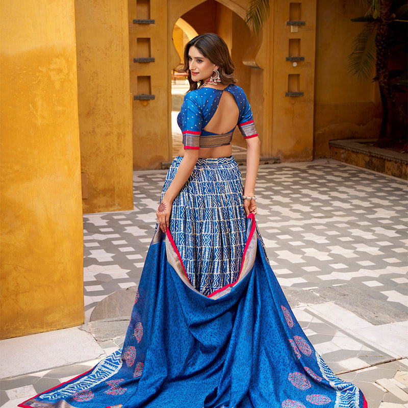 Blue Color Batik Printed Dola Silk Lehenga