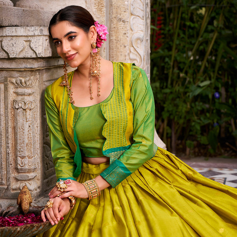 Parrot Color Zari Weaving Work Poly Cotton Lehenga Choli