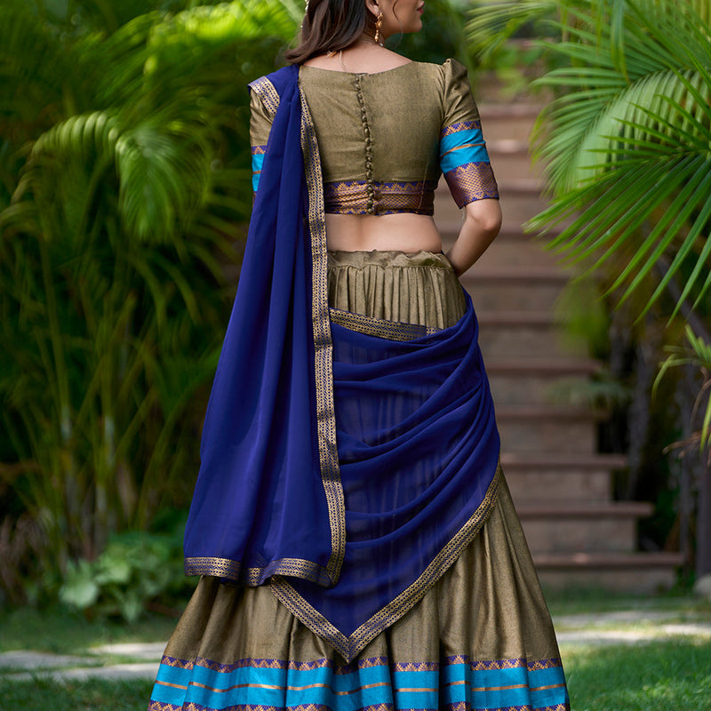Chiku Color Zari Weaving Work Cotton South Indian Lehenga Choli