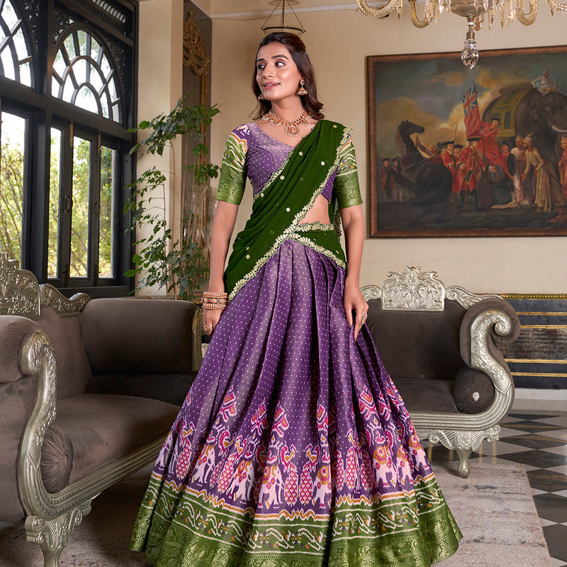 Purple Color Printed With Zari Weaving Work Kanchipuram Lehenga Choli