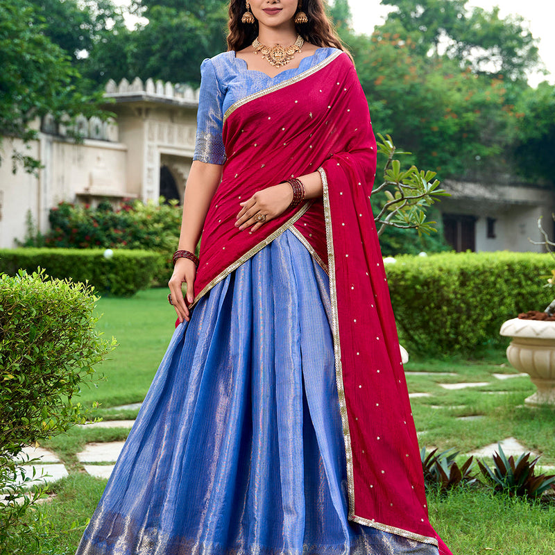 Royal Blue Color Zari Weaving Work Kanchipuram South Indian Lehenga Choli