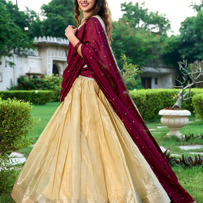 Cream Color Zari Weaving Work Kanchipuram South Indian Lehenga Choli