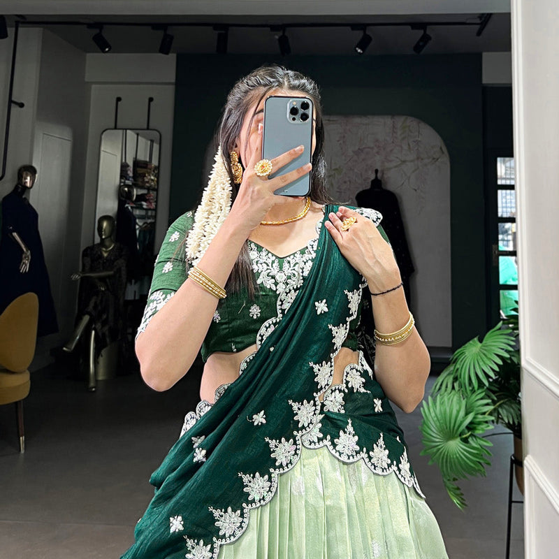 Pista Color Zari Weaving Work Sequins And Embroidery Border With Zari Kota Lehenga Choli