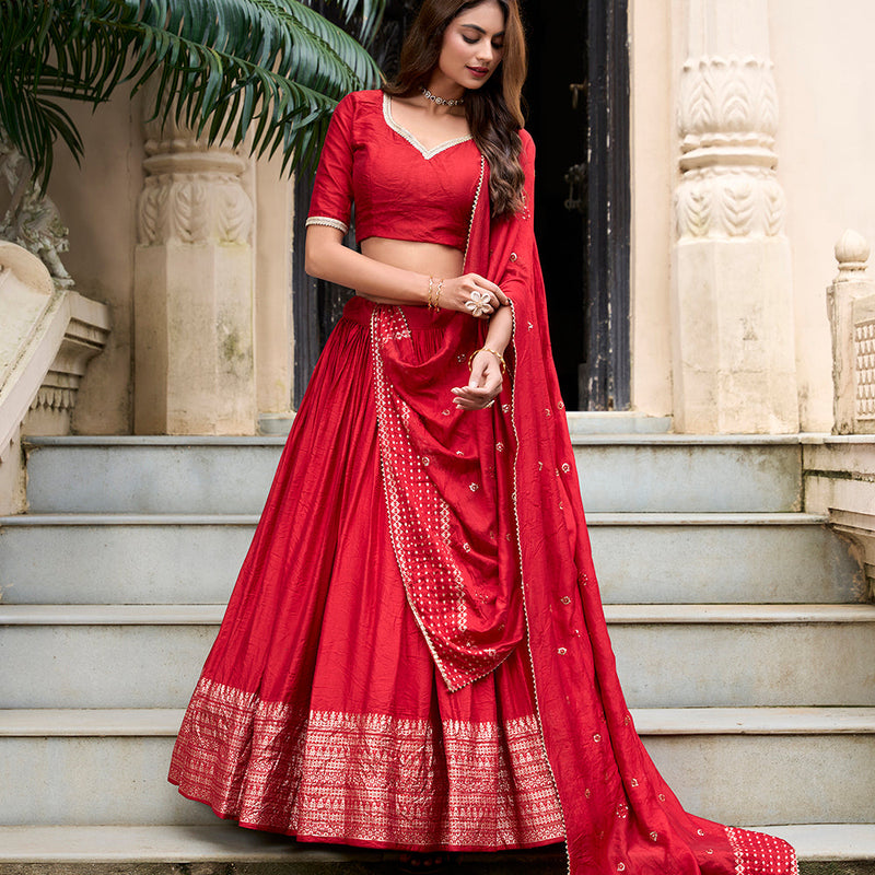 Red Color Plain With Zari Weaving Work Chanderi Lehenga Choli