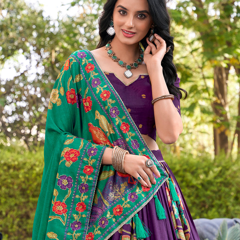 Purple Color Printed And Foil Work Tussar Silk Lehenga Choli