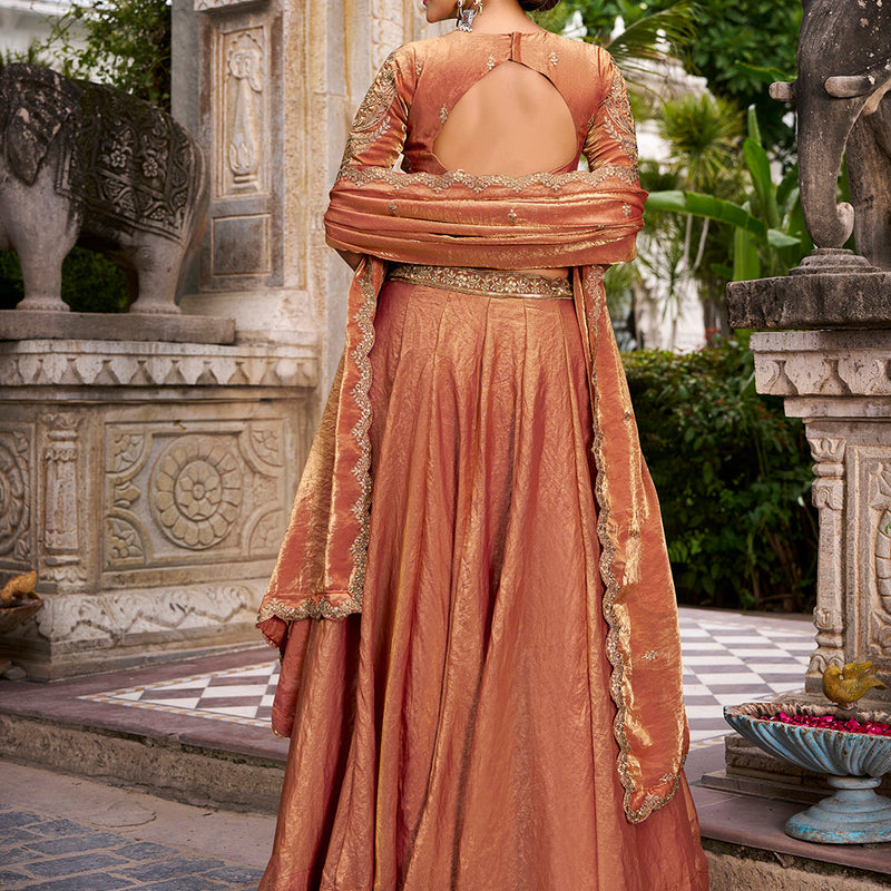 Rust Orange Color Sequins And Thread Embroidery Work Belt Fendi Lehenga Choli