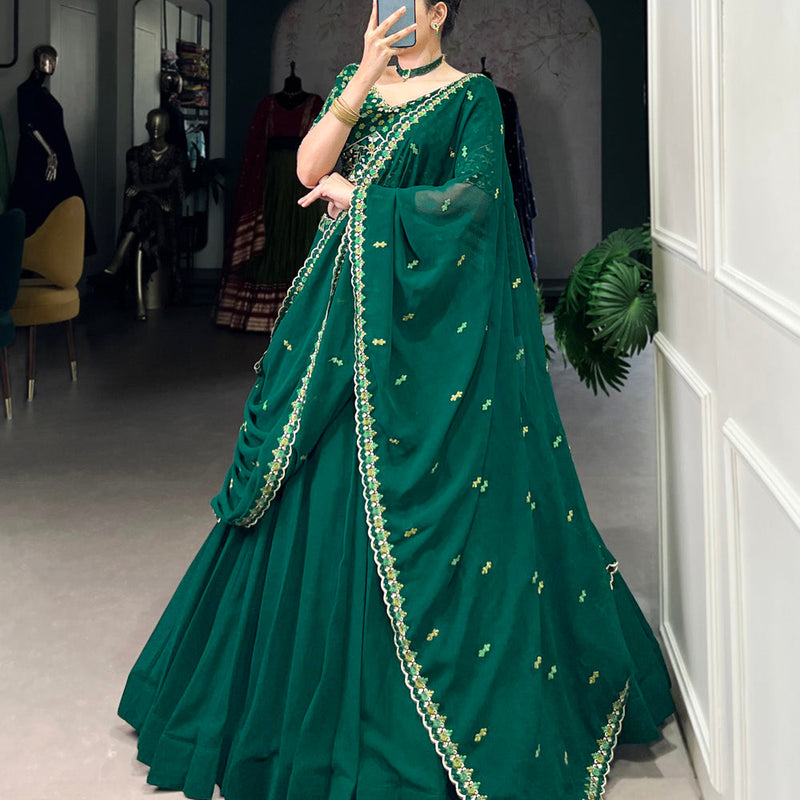 Bottle Green Color Thread Embroidery Work Georgette Lehenga Choli