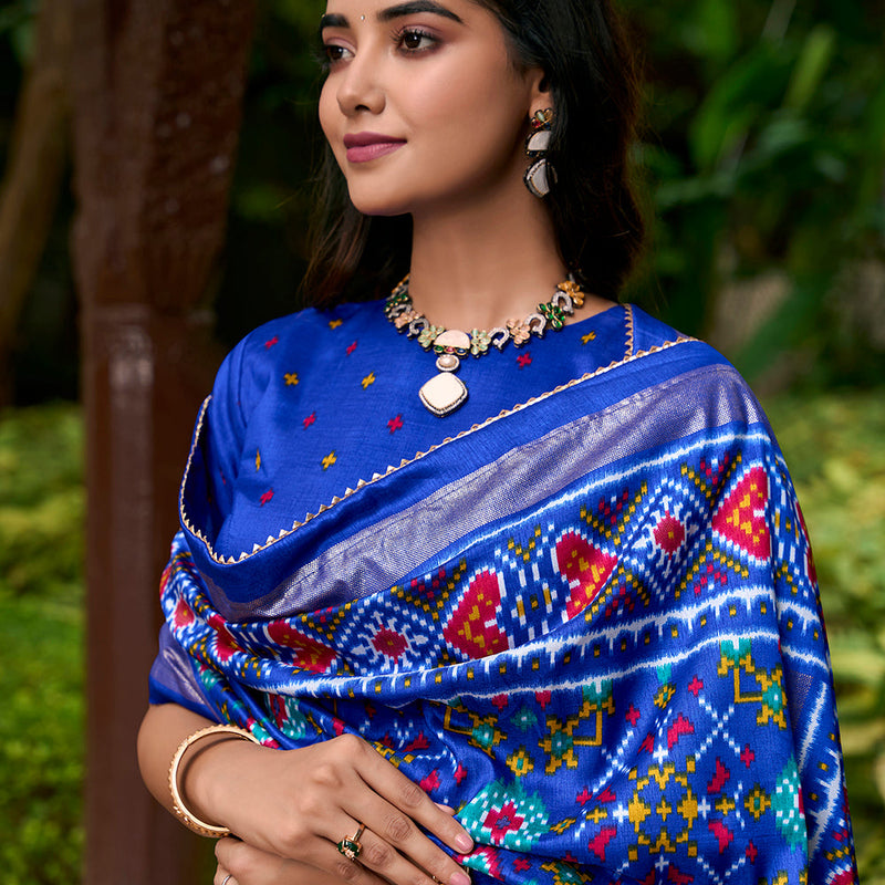 Royal Blue Color Patola Print With Tasar Silk Lehenga Choli