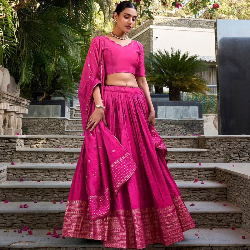 Pink Color Plain With Zari Weaving Work Chanderi Lehenga Choli