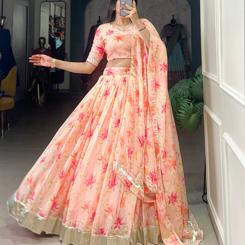 Peach Color Floral Print With Lace Border Tabby Silk Lehenga Choli