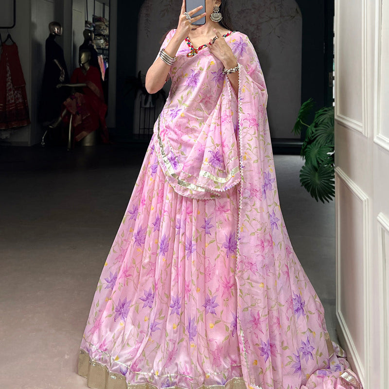 Baby Pink Color Floral Print With Embossed Design Tabby Silk Chaniya Choli