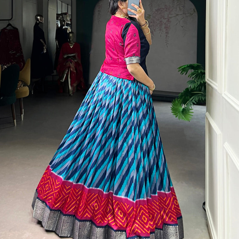 Firozi Color Leheriya Print With Zari Weaving Work Tasar Silk Co-Ord Set