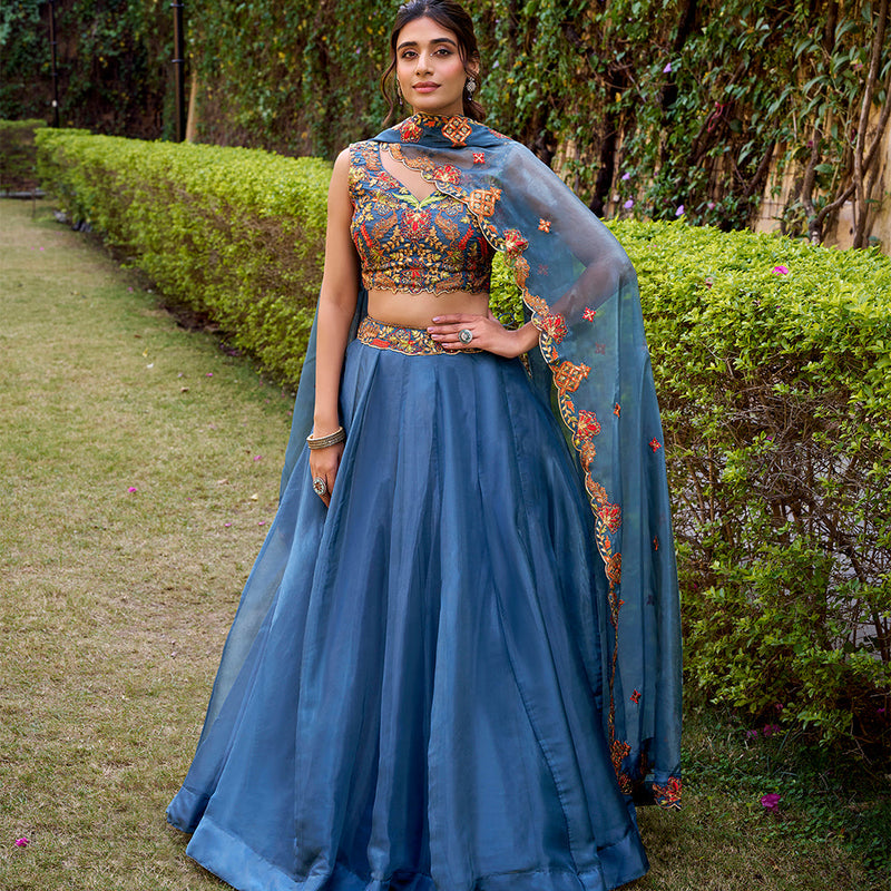 Teal Color Embroidery Work Chaniya Choli