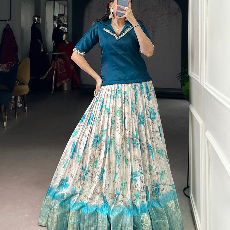 Teal Color Floral Print With Zari Weaving Work Dola Chex Co-Ord Set