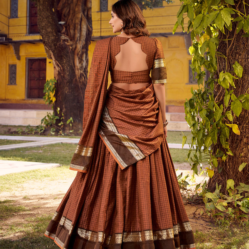Rust Orange Color Chex With Zari weaving Work Chettinad Cotton Lehenga Choli