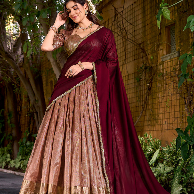 Peach Color Zari Weaving Work Dupion Silk Lehenga Choli