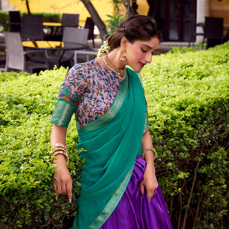 Pruple Color Printed With Zari Weaving Work Astha Silk Lehenga Choli