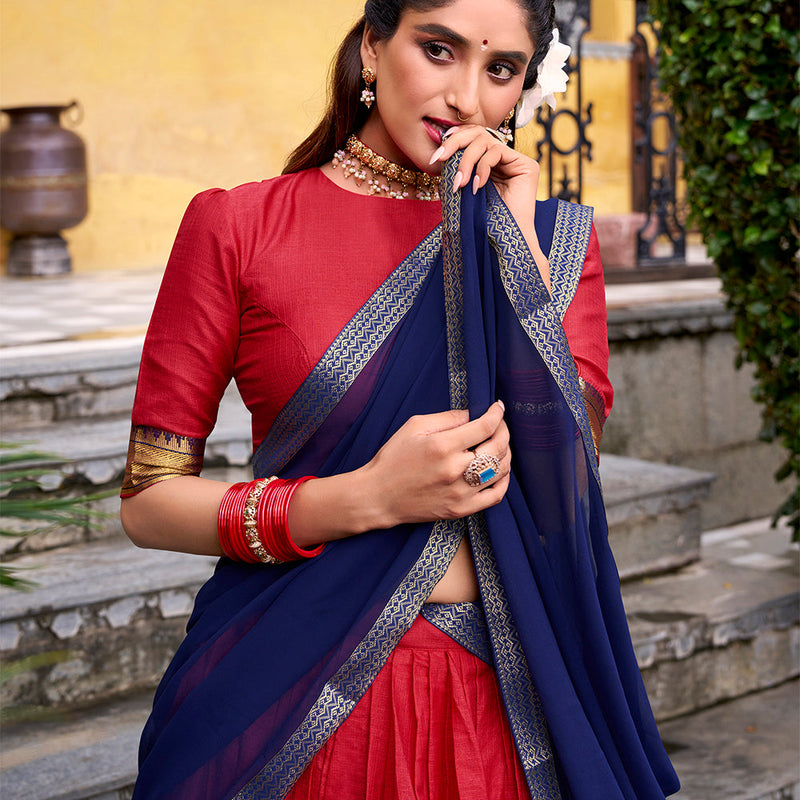 Red Color Zari Weaving Work Poly Cotton Lehenga choli