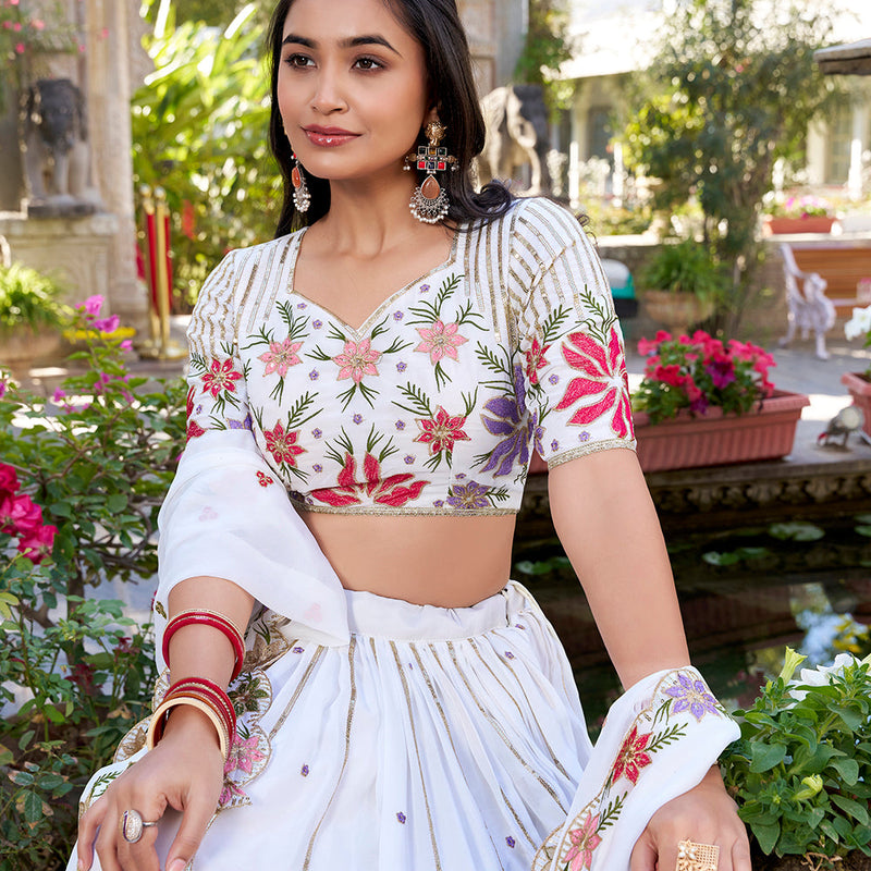 White Color Sequins And Thread Embroidery Work Georgette Lehenga Choli