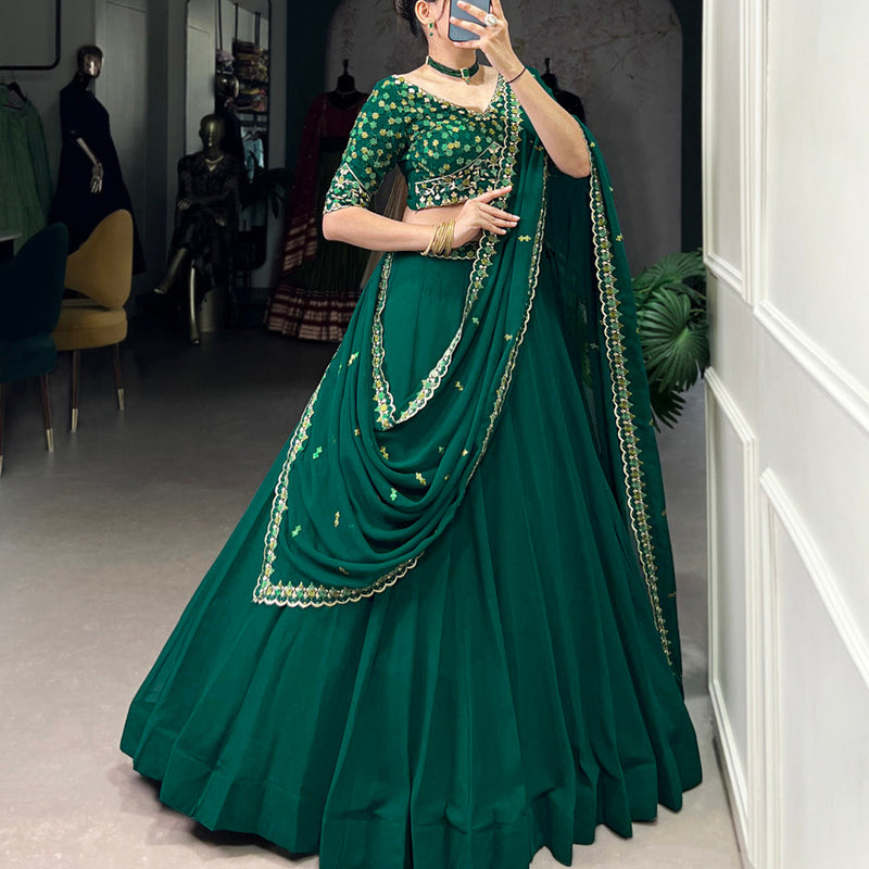 Bottle Green Color Thread Embroidery Work Georgette Lehenga Choli