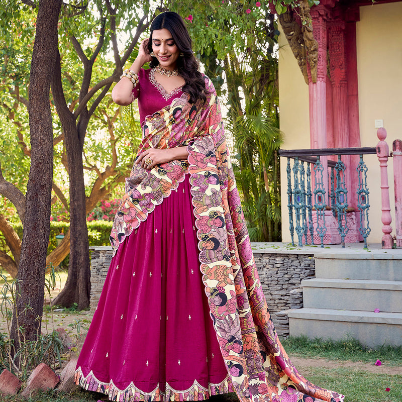 Pink Color Sequins And Thread Embroidery Work Vichitra Silk Lehenga