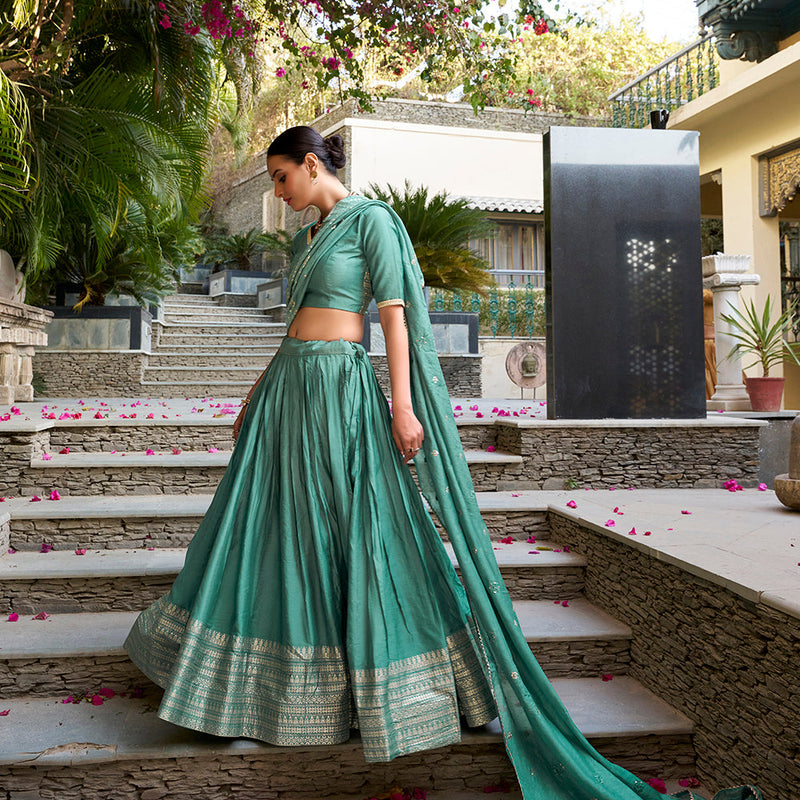 See Green Color Plain With Zari Weaving Work Border Chanderi Wedding Lehenga Choli