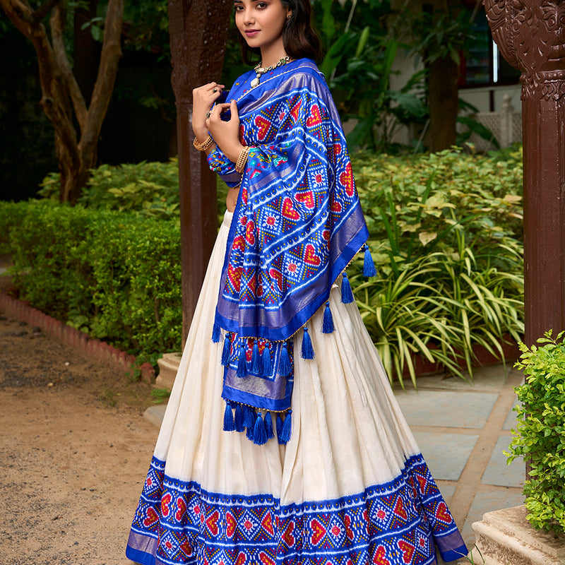 Royal Blue Color Patola Print With Tasar Silk Lehenga Choli