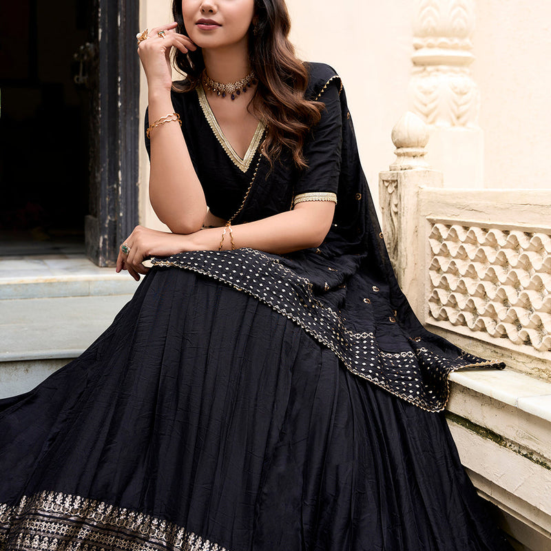 Black Color Plain With Zari Weaving Work Chanderi Lehenga Choli