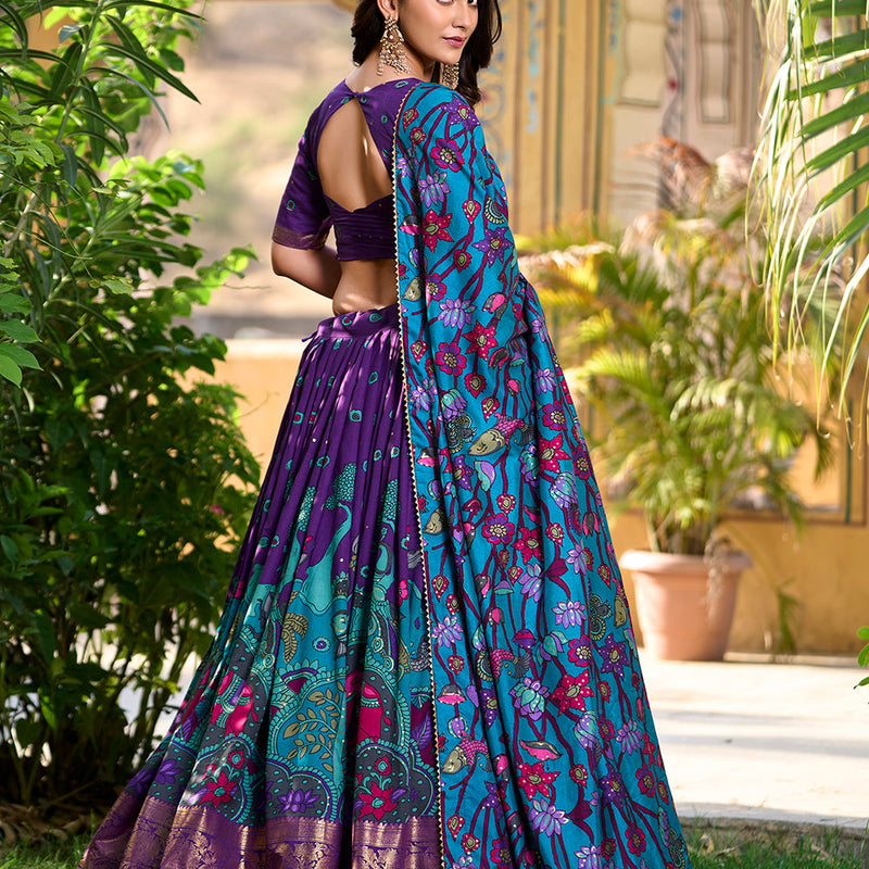 Purple Color Kalamkari Print With Foil Work Tasar Silk Lehenga Choli