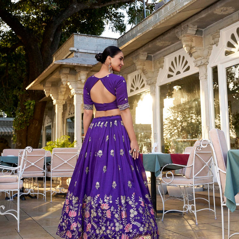 Purple Color Sequins And Thread Embroidery Work Vichitra Silk Lehenga Choli