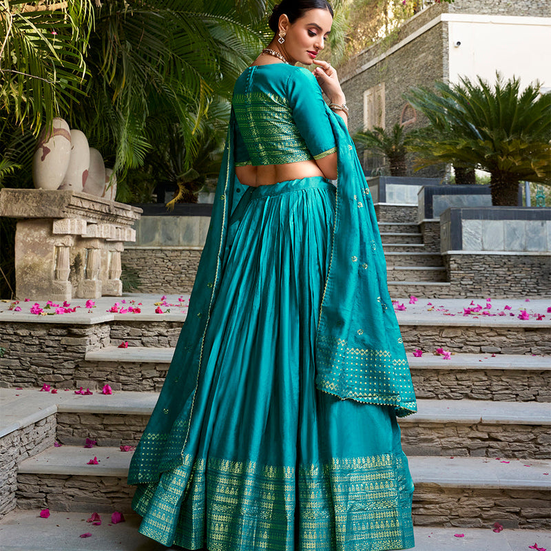 Sky Blue Color Zari Weaving Work Chanderi Lehenga