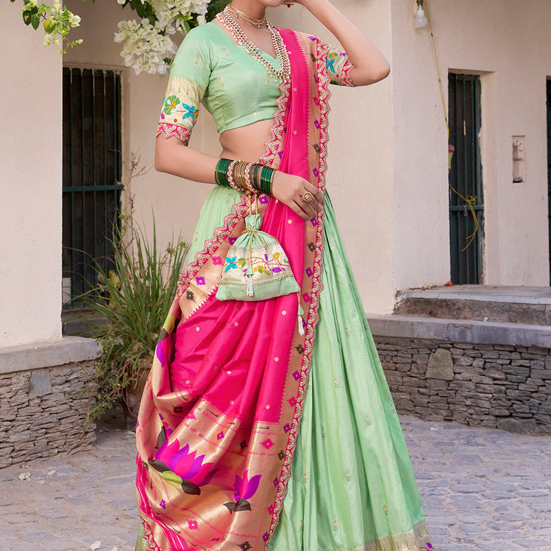 Pista Color Zari Weaving Work Jacquard Silk (Paithani) Lehenga Choli