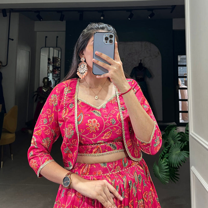Pink Color Floral Print With Gota Patti Touch up Tasar Silk Two piece Chaniya Choli