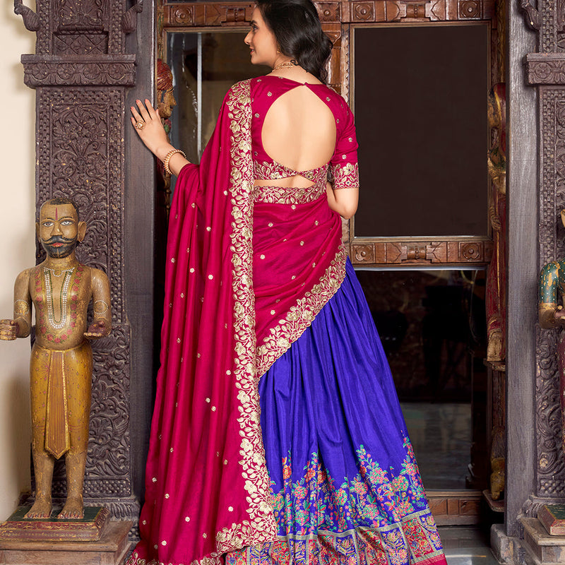 Royal Blue Color Printed With Foil Work Tasar Silk Lehenga Choli