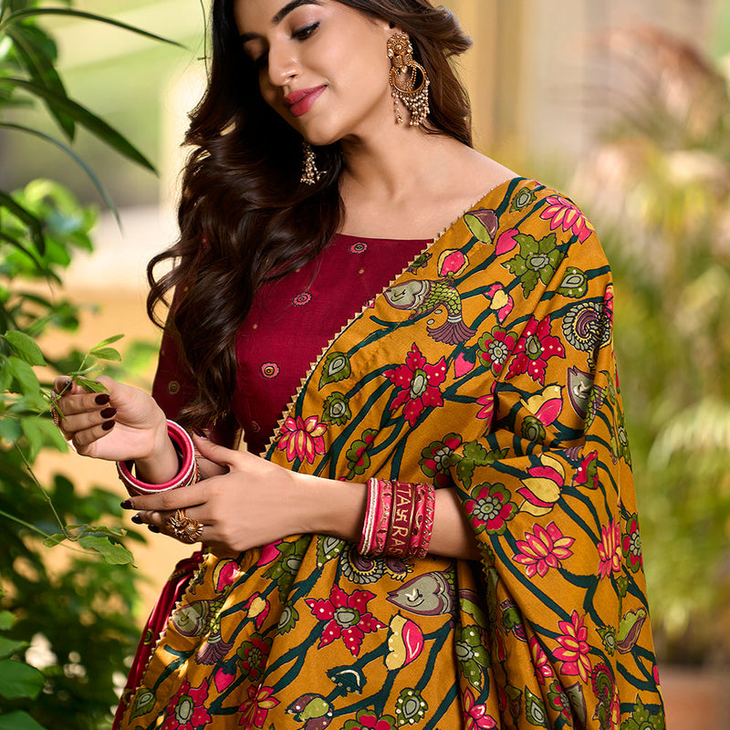 Red Color Kalamkari Print With Foil Work Tasar Silk Lehenga Choli