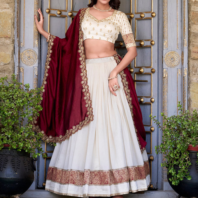 Off White Color Zari Weaving Work Lace Border Vichitra Silk Lehenga Choli