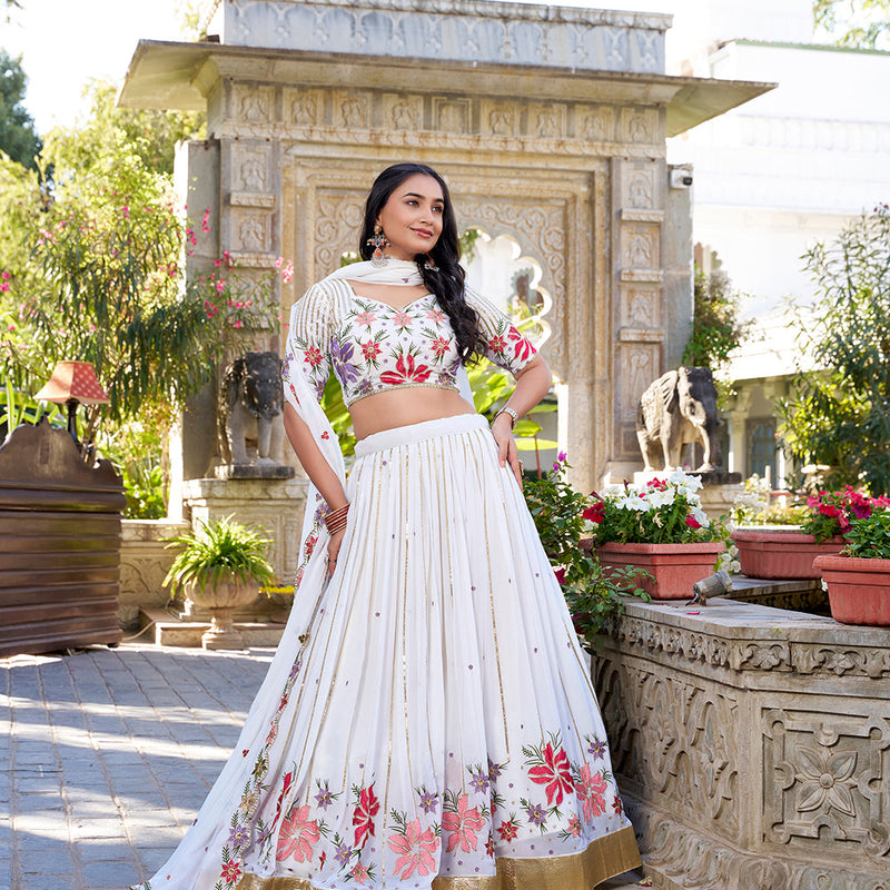White Color Sequins And Thread Embroidery Work Georgette Lehenga Choli