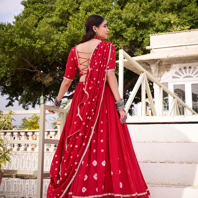 Red Color Bandhej Print With Lace Touch Up Chanderi Chaniya Choli