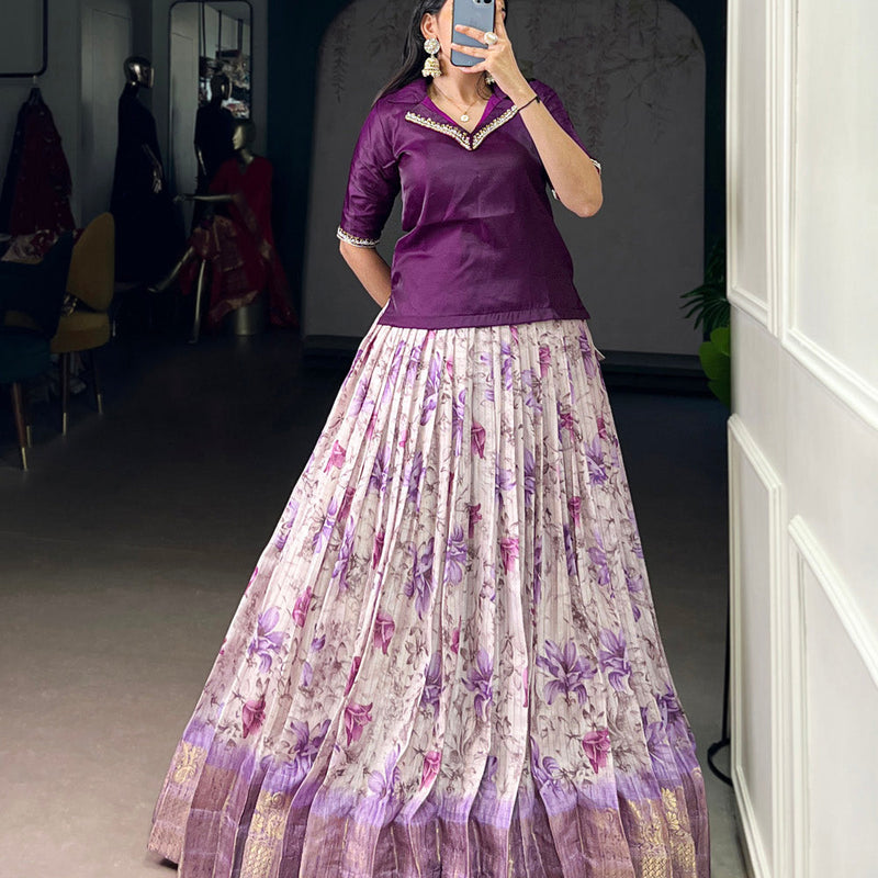 Purple Color Floral Print With Zari Weaving Work Dola Chex Co-Ord Set