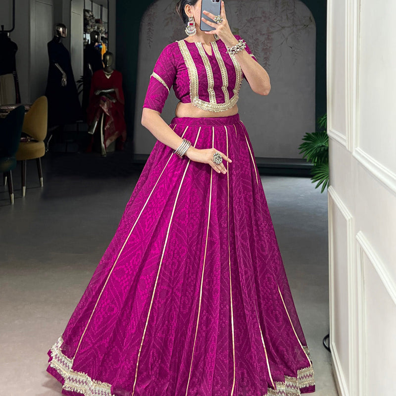 Wine Color Bandhej Print With Lace Touch Up Chiffon Chaniya Choli