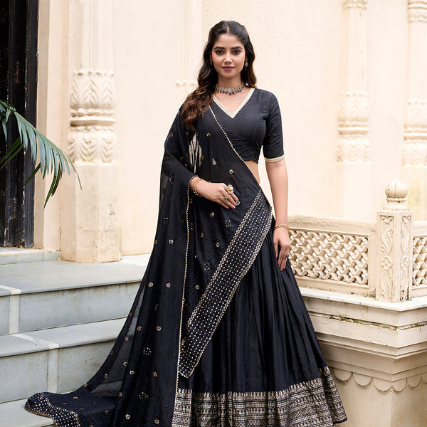 Black Color Plain With Zari Weaving Work Chanderi Lehenga Choli