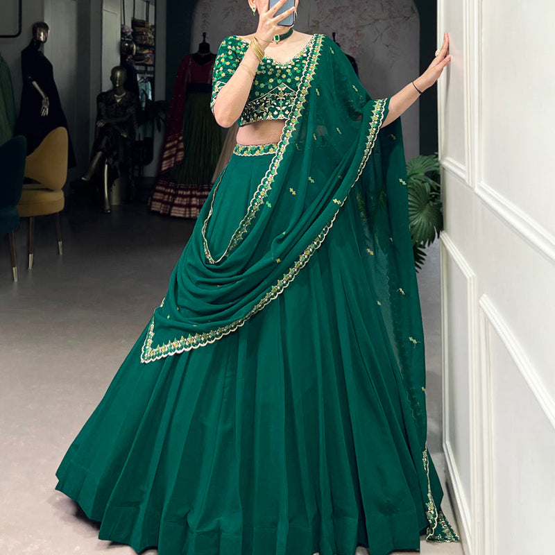 Bottle Green Color Thread Embroidery Work Georgette Lehenga Choli