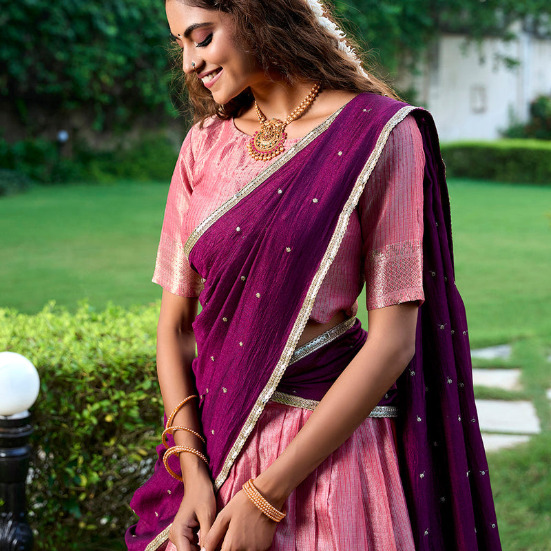 Salmon Color Zari Weaving Work Kanchipuram Wedding Lehenga Choli